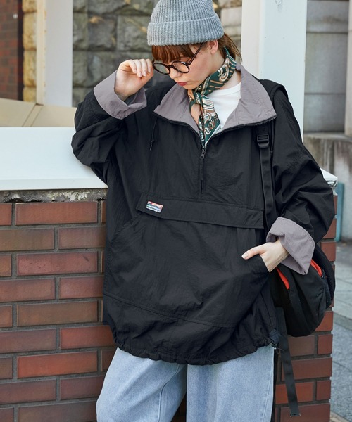 ナイロン配色ハーフジップアノラックプルオーバー MONO-MART LADY'S