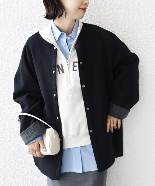 セール】セミ 梳毛 配色 リバー ノーカラー コート（ノーカラーコート