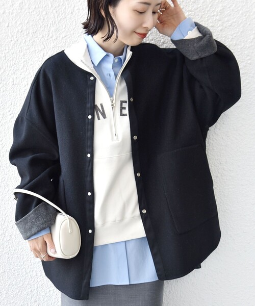 セール】セミ 梳毛 配色 リバー ノーカラー コート（ノーカラーコート