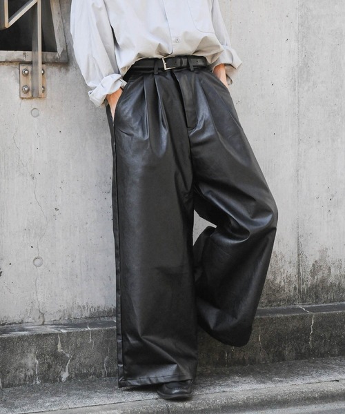 セール】2タックPUレザーワイドフレア袴パンツ / ダブルタック PU