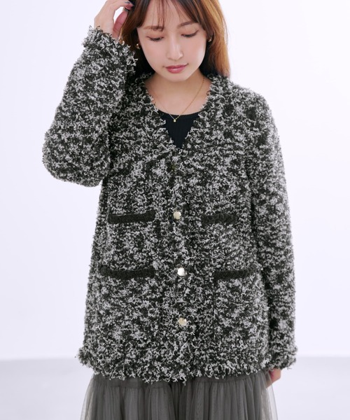 フリンジツイードニットジャケット 【低身長・小柄女性