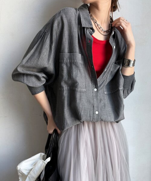 DouDou（ドゥドゥ）の「袖リブシアーデニムシャツ（シャツ/ブラウス