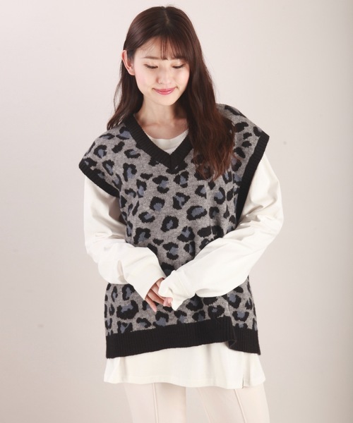 セール】アーガイル柄 レオパード柄 オーバーサイズ Vネック ニット