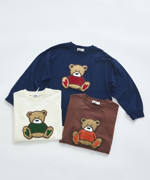 セール】【綿100%】ユニセックス サガラ刺繍 くまモチーフ 長袖Tシャツ
