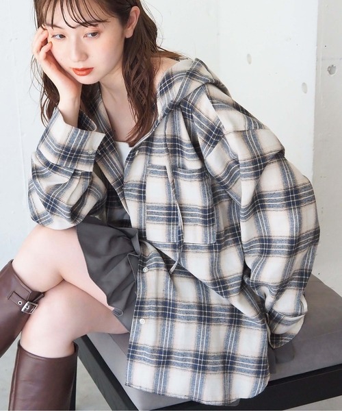 セール】チェックBIGフードシャツ（シャツ/ブラウス）｜tiptop
