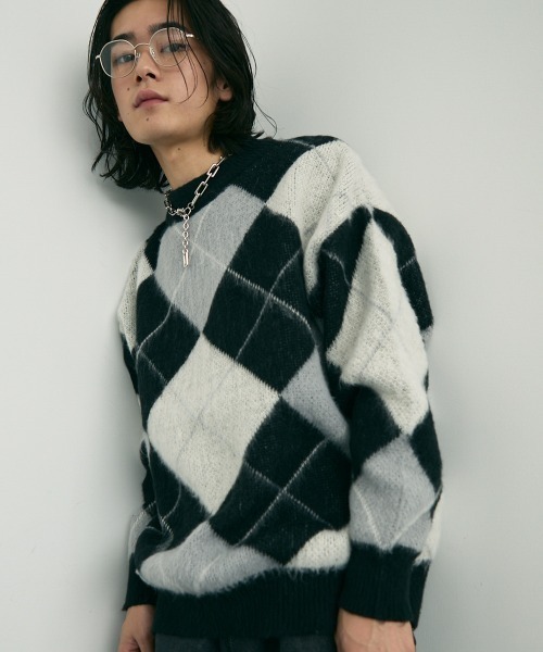 セール】Mohair like jacquard argyle knit sweater / モヘアライク