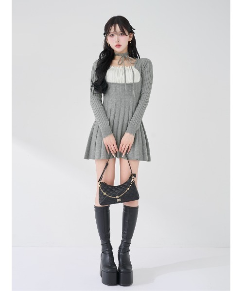 ネックリボンデザインフレアニットミニワンピース（ワンピース