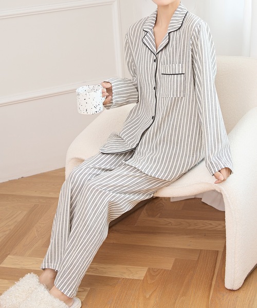 セール】ストライプ柄 開襟 パイピング パジャマ セットアップ（ルーム