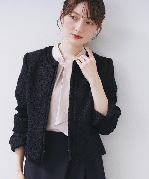 ≪通勤・セレモニー/セットアップ対応≫ノーカラーツイードジャケット