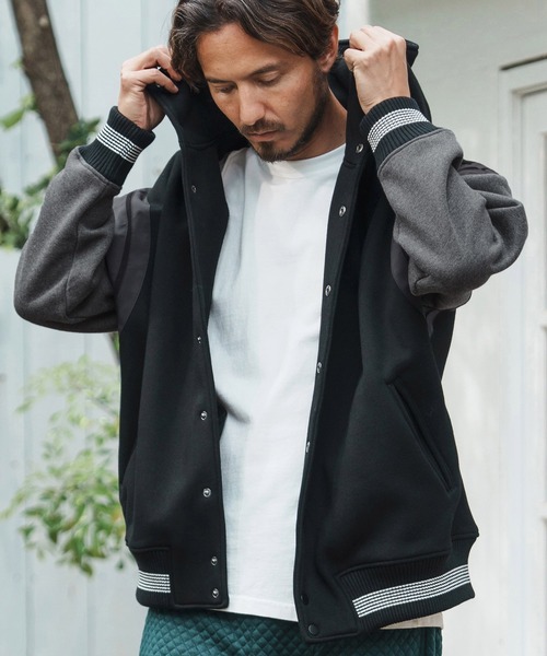 mj10045-Back Brushed Sweat Hooded Studium Jacket スタジャン