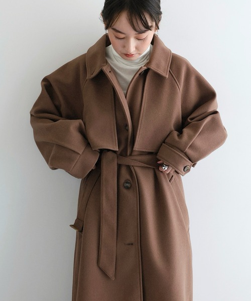 セール】【新色追加】ベルト付きフェイクウールロングコート（ステン