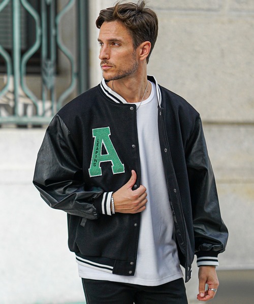 オーバーサイズカレッジロゴスタジャン メンズ PUレザー切り替え