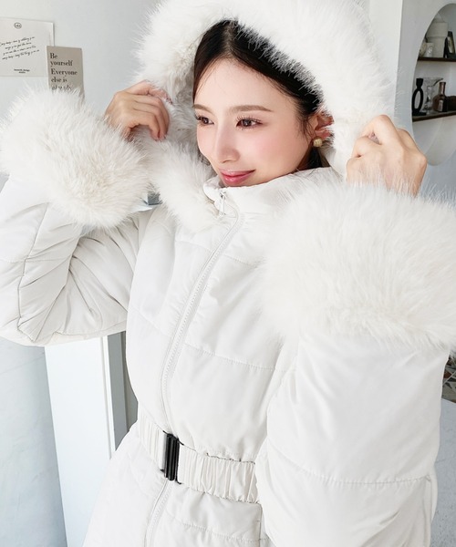 セール】ウェストベルト付きフードファーダウンコート（ダウン