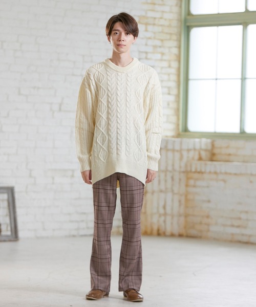 ビッグシルエットアラン編みクルーネックケーブルニットセーター MONO