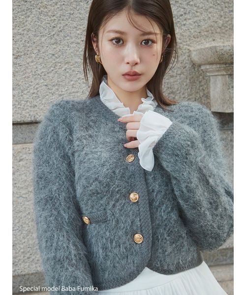 セール】ファーライクフリルニットジャケット（ノーカラージャケット