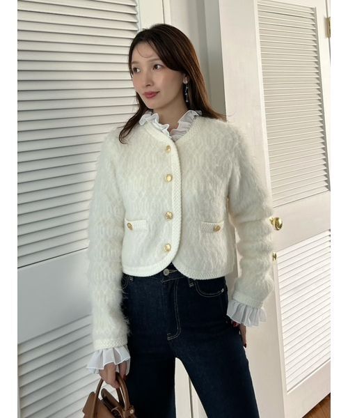 セール】ファーライクフリルニットジャケット（ノーカラージャケット