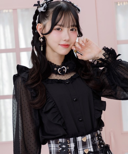 ハートバックルチョーカーシアースリーブブラウス（シャツ/ブラウス