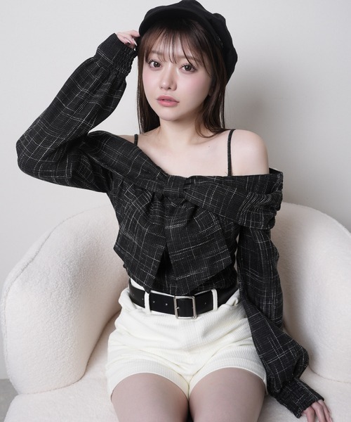 セール】リボンオフショルロングスリーブトップス（シャツ/ブラウス