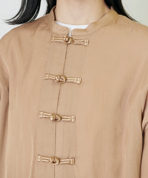 forksy.】オーバーサイズ TRサテン スタンドカラー チャイナシャツ