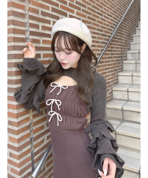 リボンデザインシャギーニットロングワンピース（ワンピース）｜Darich