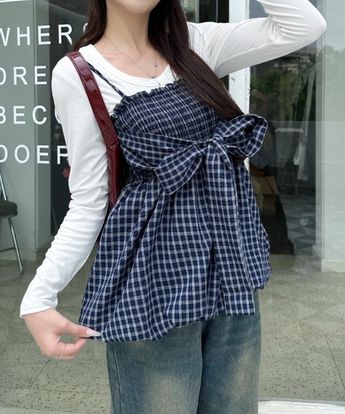 セール】リボンデザイン シャーリング チェック キャミソール ビスチェ