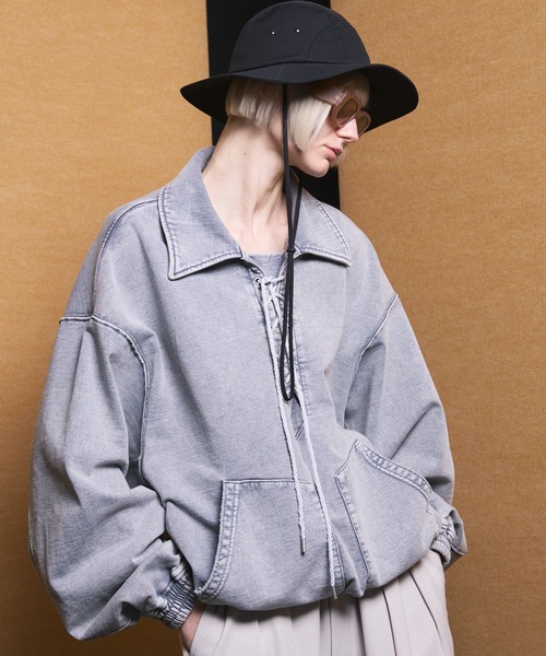 UNISEX》Fade Half Lace-up Prime-Over Collared Sweatshirt/フェード