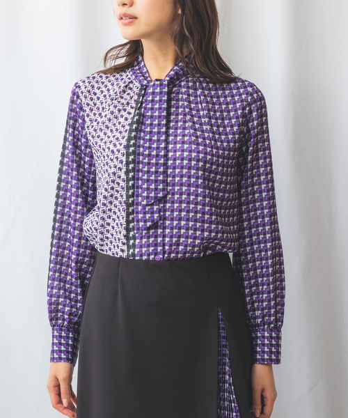 NARACAMICIE】幾何柄ボウタイ長袖ブラウス