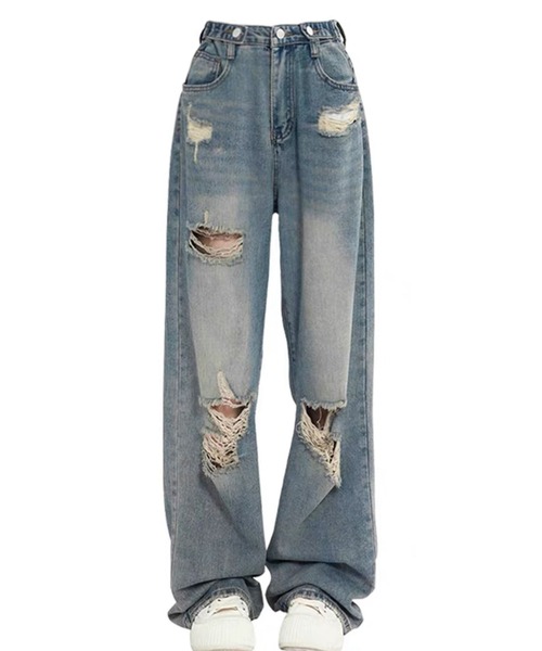 セール】damage denim pants/ダメージデニム クラッシュデニム サイド