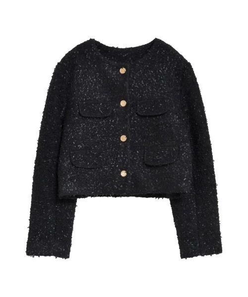 セール】[入卒式 セレモニー]ボアリボン金釦ノーカラーツイード