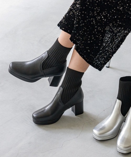 セール】プラットフォーム リブニットソックスブーツ（ブーツ）｜menue