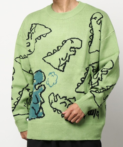 HOOK】かわいい落書き恐竜イラスト 総柄ニット（ニット/セーター