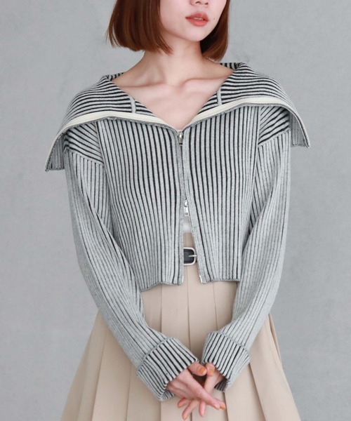 archives（アルシーヴ）の「フロントzipオーバーカラー二重臼ニット