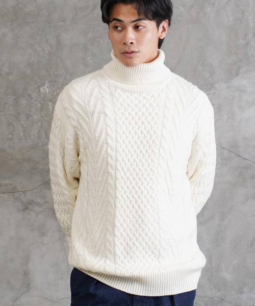 セール】ローゲージ タートルネック フィッシャーマン ケーブルニット