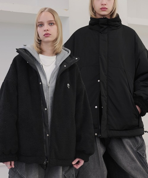 ダブルジップ比翼デザイン裏ボアリバーシブル中綿ブルゾン（ブルゾン