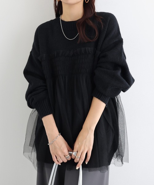 セール】【新色追加】チュールドッキングビスチェ風ニットトップス