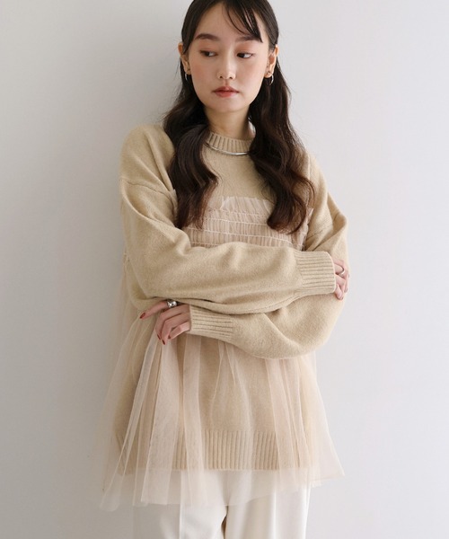 セール】【新色追加】チュールドッキングビスチェ風ニットトップス