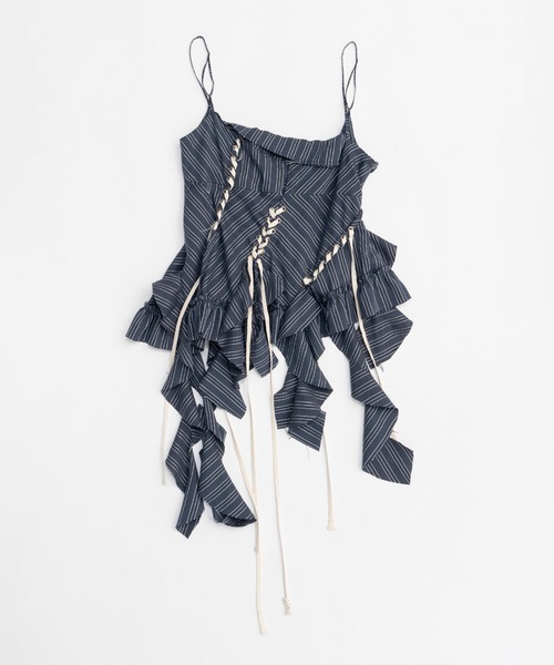ラッフルレースアップストライプトップス / Ruffle Lace-Up Stripe Top