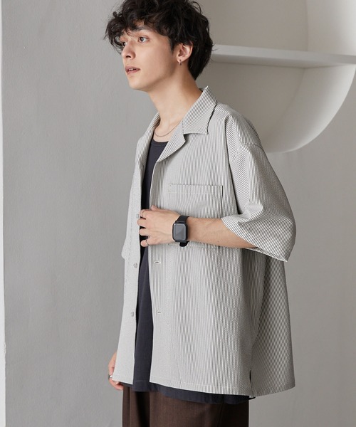 シアサッカールーズリラックス オープンカラーハーフスリーブシャツ