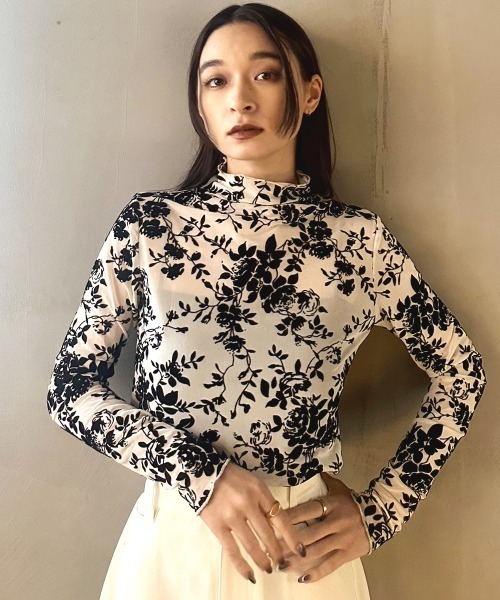 セール】花柄 ハイネック シアー プルオーバー レディース 長袖 透け感