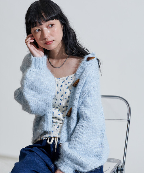 セール】スラブ ローゲージ ショート ニットカーディガン/トグルボタン