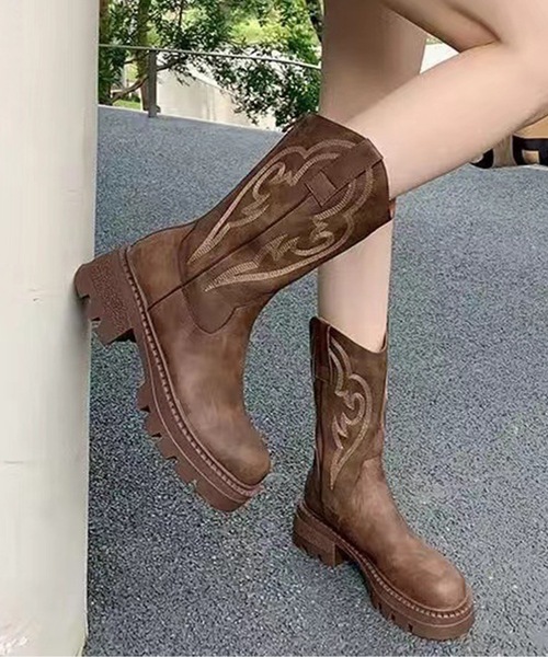 セール】刺繍付き 厚底 ミドル ウエスタン ブーツ（ブーツ）｜Lace
