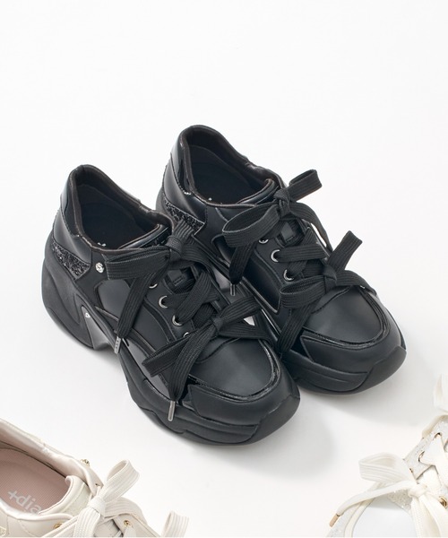 ビジュー付き ダブルリボン厚底スニーカー（スニーカー）｜+diana