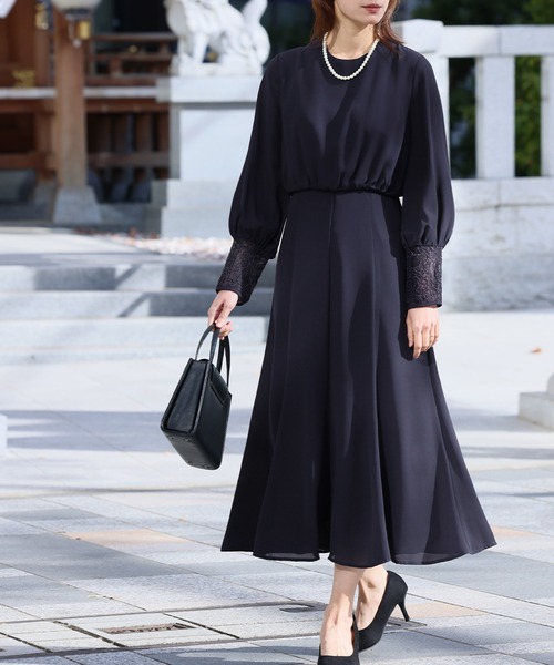 セール】【喪服・礼服】レースカフスブラウジングマーメイドワンピース