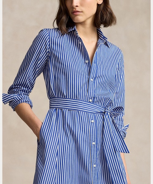 ベルテッド ストライプド コットン シャツドレス（シャツワンピース