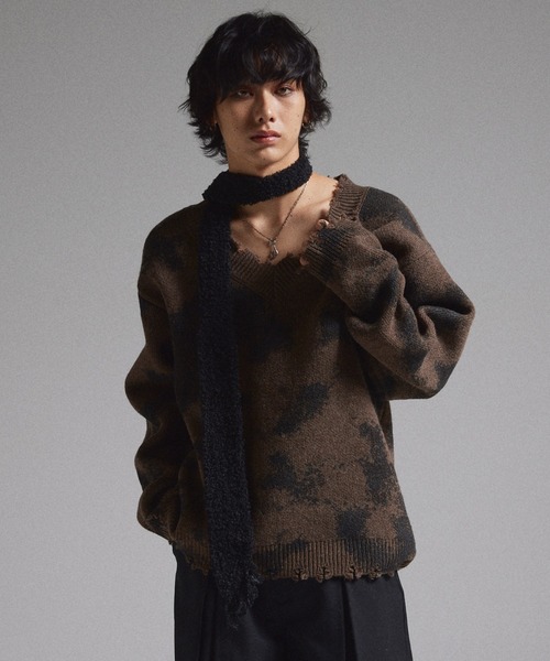 GRANCY】Spray Damaged V-neck Wool Knit / スプレーダメージVネック