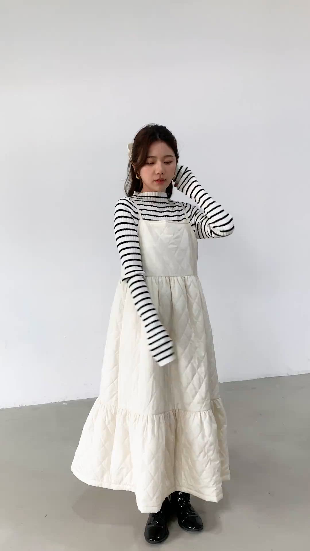 肩紐調節可/あったか中綿】ティアード 切替 脚長 フレア キルティング