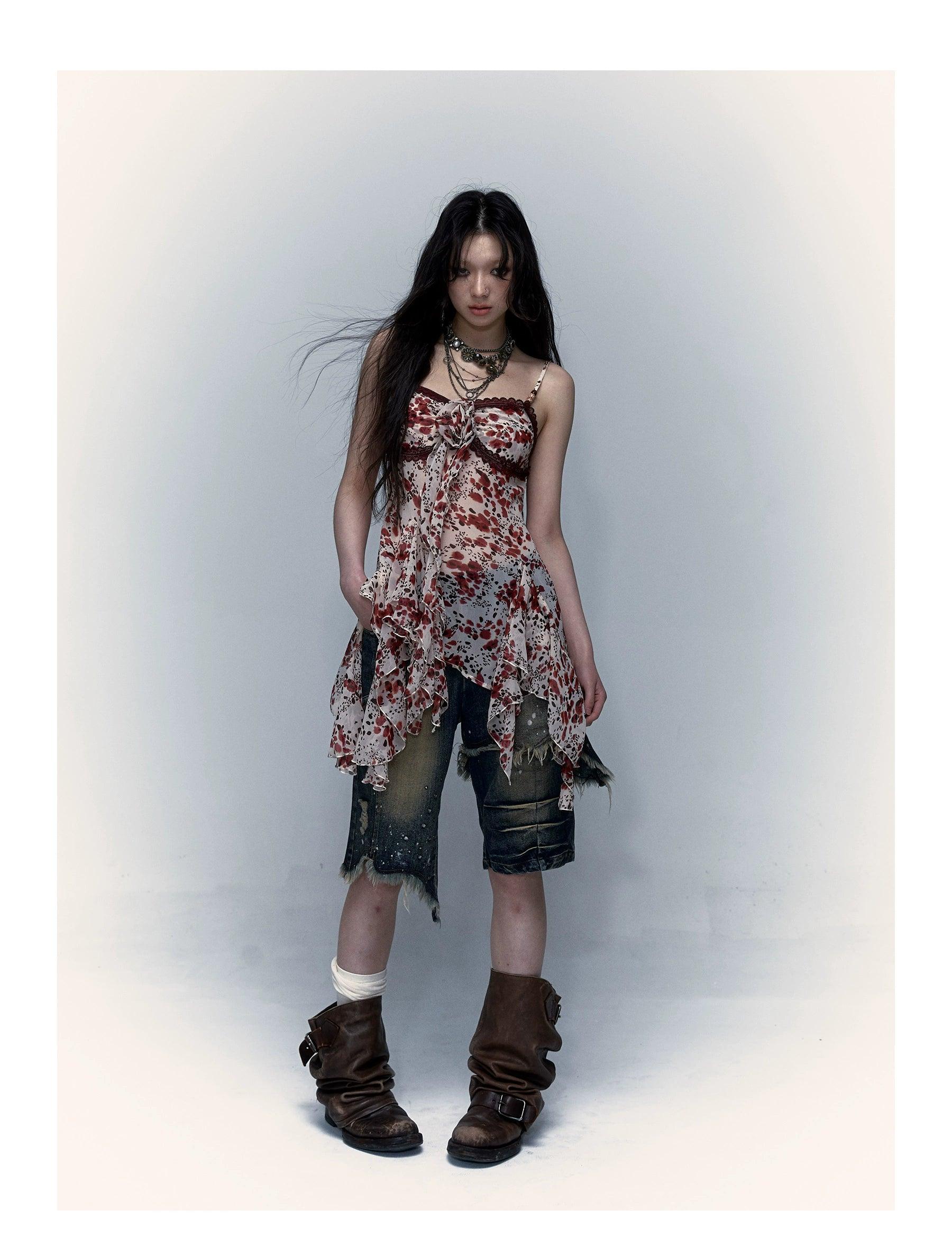 No Romance Floral Handkerchief Hem Camisole - Women's Lace Trim Asymm