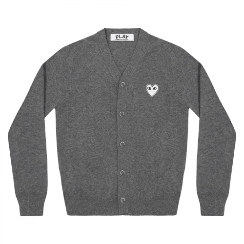 Cdg Play Men's Cardigan White Heart Dark Grey - Comme Des Garcons