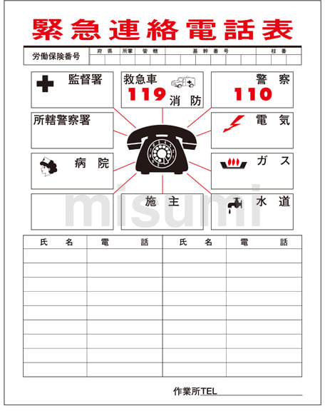 連絡一覧表 「緊急連絡電話表」 連絡－1 | 日本緑十字社 | MISUMI(ミスミ)