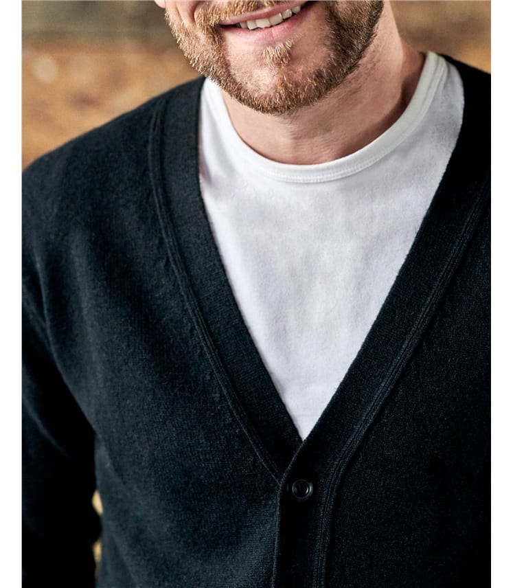 Black | Mens Lambswool V Neck Cardigan | WoolOvers US